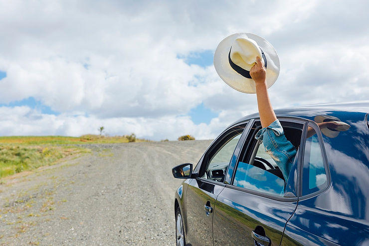 road trip while woman holds hat out the window